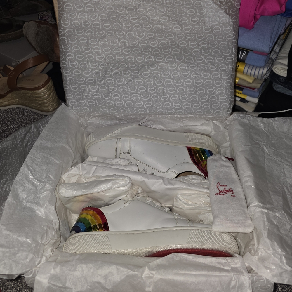 Christian Louboutin White Leather Sneakers with Rainbow Heel Detail